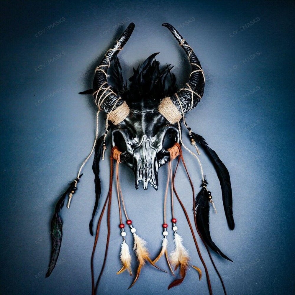 Black Silver Animal Antelope Skull Devil Horn Halloween HeadGear Costume Mask
